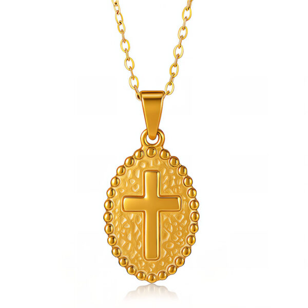 Cross in circle pendant necklace - display 2 Be Still and Know that I am God Cross nugget Necklace in Gold