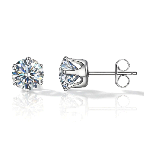 Round Cubic Zirconia Stone Stud Earrings, in Silver
